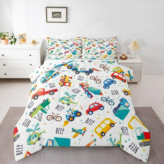 Manfei Truck Plane 3 Pieces Queen Comforter Set,Cartoon Car Bedding Sets,Transportation Theme Bedding Comforter Set,Breathable Kawaii Room Decorative,Reversible
