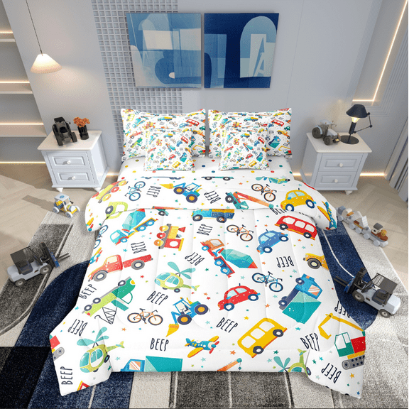 Manfei Truck Plane 7-Piece Twin Bedding Sets,Cartoon Car Bedding Comforter Set,Transportation Theme Breathable Sheet Sets,Breathable Kawaii Room Decorative,Reversible