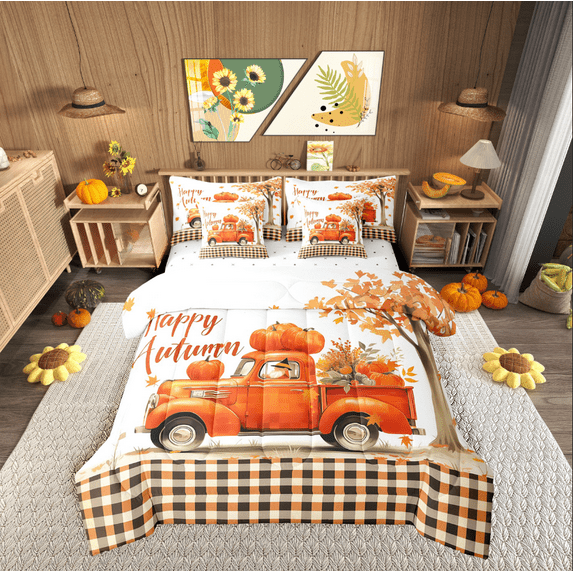 Manfei Truck Pumpkin Bedding Queen Size,Geometric Buffalo Comforter Sets with Sheets,Autumn Harvest Bedding Sets Queen Size,Super Cozy Thanksgiving Day Room Decoration,Reversible,7pcs