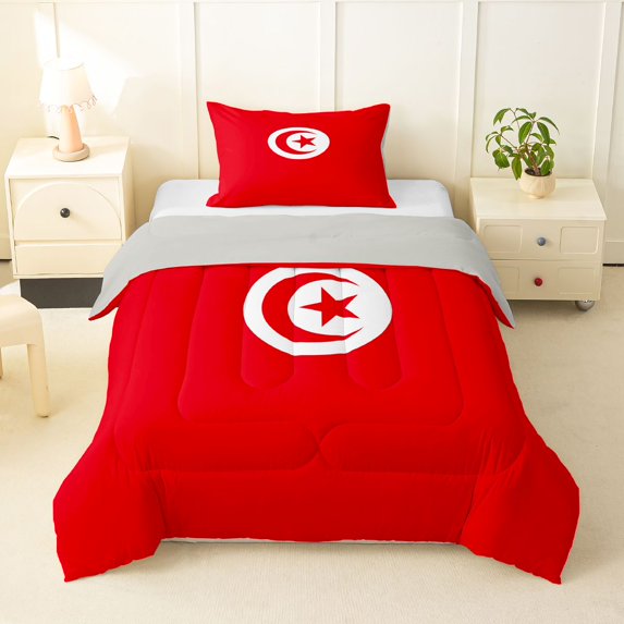 Manfei Tunisia Flag Twin Comforter Sets,International Culture Bedding Set,Red White,Light Gray Reversible,2pcs,1 Comforter and 1 Pillowcase