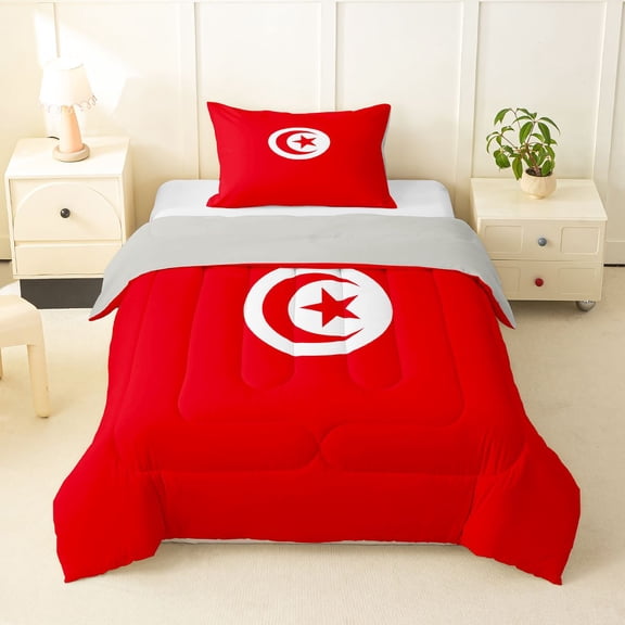 Manfei Tunisia Flag Twin Comforter Sets,International Culture Bedding Set,Red White,Light Gray Reversible,2pcs,1 Comforter and 1 Pillowcase