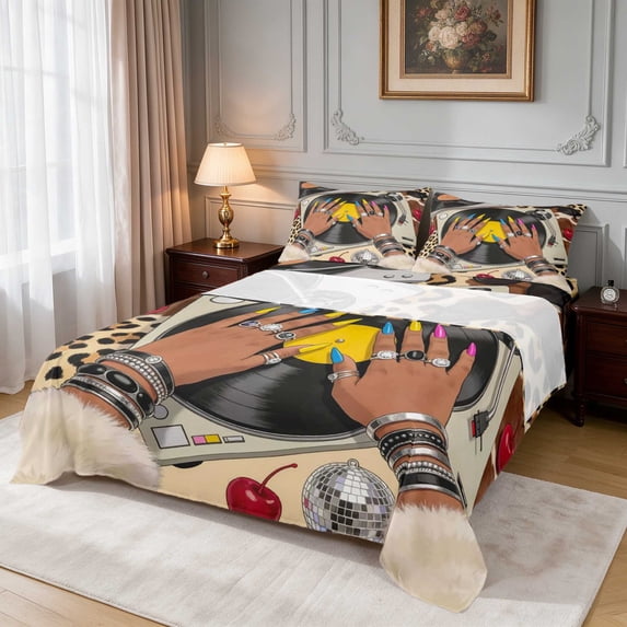 Turnadle Manfei Turntable Vinyl Record Bed Sheets, Cherry Leopard Beat Full Size ...