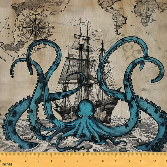 Manfei Turqoise Octopus Fabric by the Yard (5 Yards), Vintage Nautical Ship Decorative Fabric by the Yard, Compass World Map Sewing & Crafting Fabric