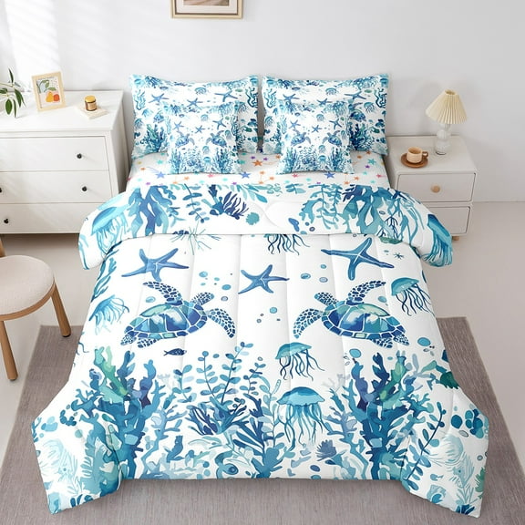 Manfei Turtle Bed in a Bag King Size,Underocean Animal Bed Set,Cute Jellyfish Starfish Bedding King Size For Boys,Ultra Soft Room Decoration Reversible,7 Pieces