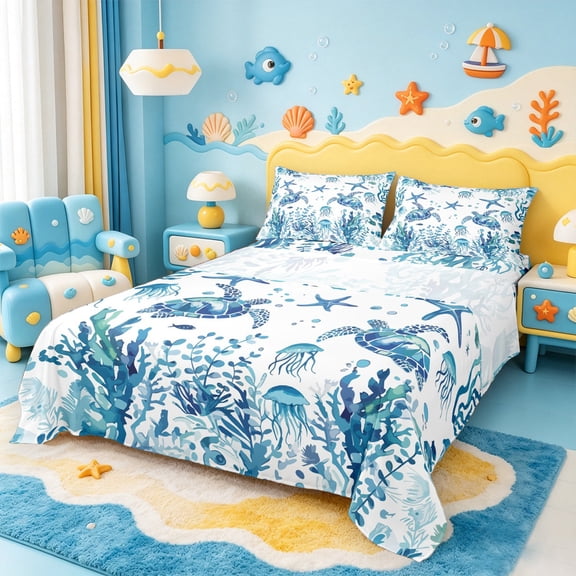 Manfei Turtle Bed Sheets Set Full Size,Underocean Animal Bedding Sets Full Size,Cute Jellyfish Starfish Bed Sheets Full For Boys,Ultra Soft Room Decoration,4pcs