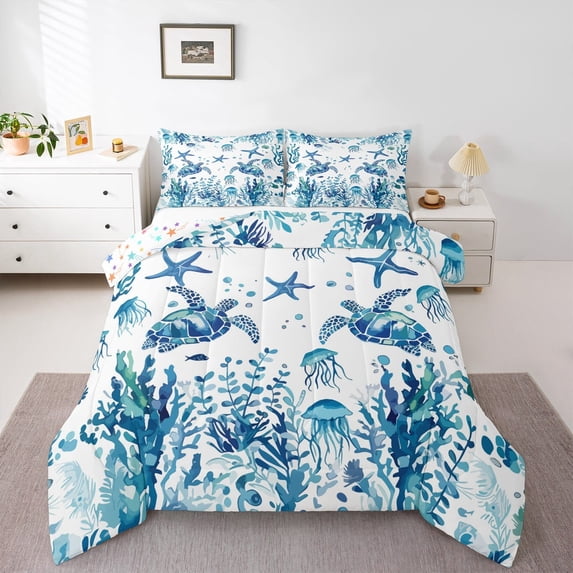 Manfei Turtle Bedding Queen Comforter Set,Underocean Animal Down Comforter,Cute Jellyfish Starfish Bedding Sets Queen with Comforter For Boys,Ultra Soft Room Decoration Reversible,3 Pieces
