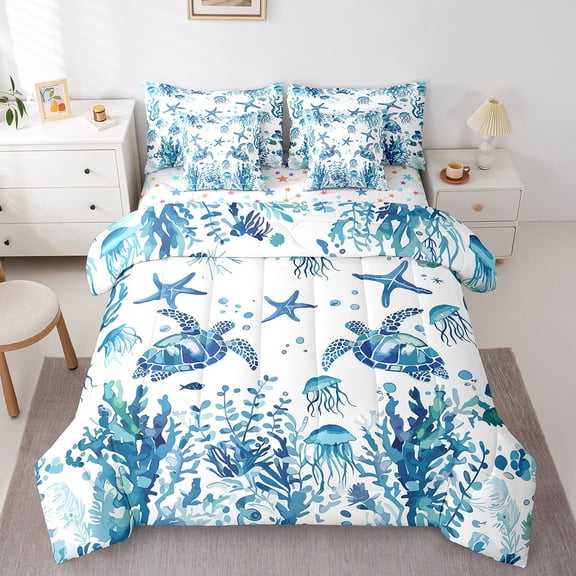 Manfei Turtle Bedding Sets Queen Size,Underocean Animal Comforter Sets with Sheets,Cute Jellyfish Starfish Bed in a Bag Queen Size For Boys,Ultra Soft Room Decoration Reversible,7-Piece