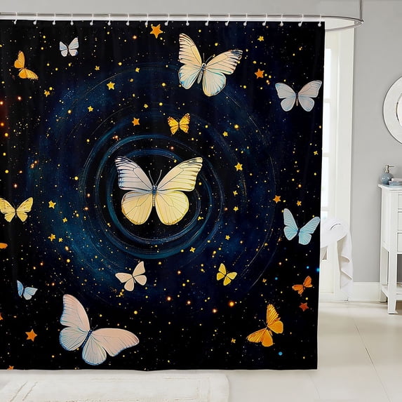 Manfei Twinkling Butterfly Printed Shower Curtain 72Wx72L,Cosmic Swirl Print Bathroom Curtain,Blue Gold