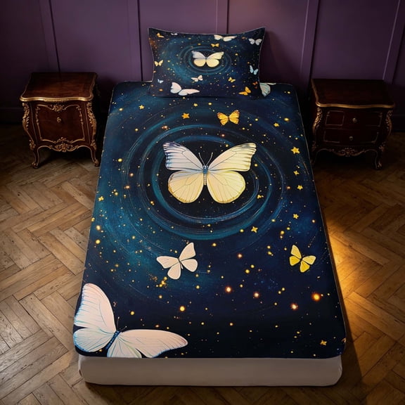 Manfei Twinkling Butterfly Printed Twin Fitted Sheet,Cosmic Swirl Print Bedding,Blue Gold,2-Piece