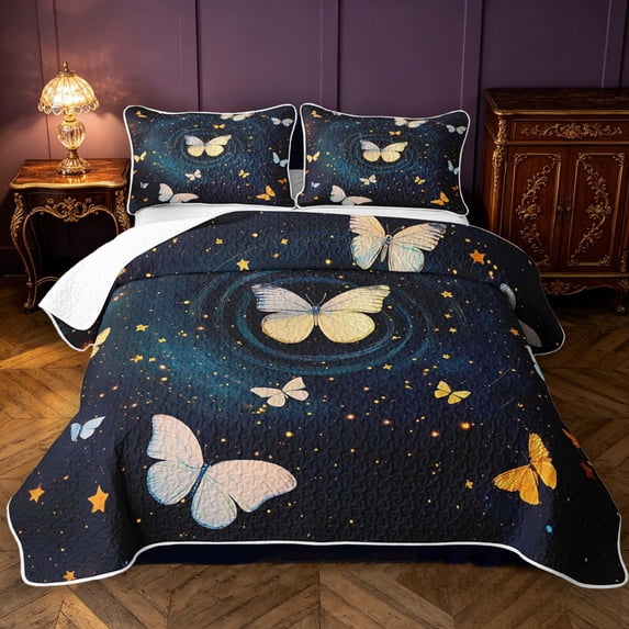Manfei Twinkling Butterfly Printed Twin Quilt Set,Cosmic Swirl Print Twin Coverlet Set,Blue Gold,Black Reversible,2-Piece,1 Bedspread and 1 Pillowcase