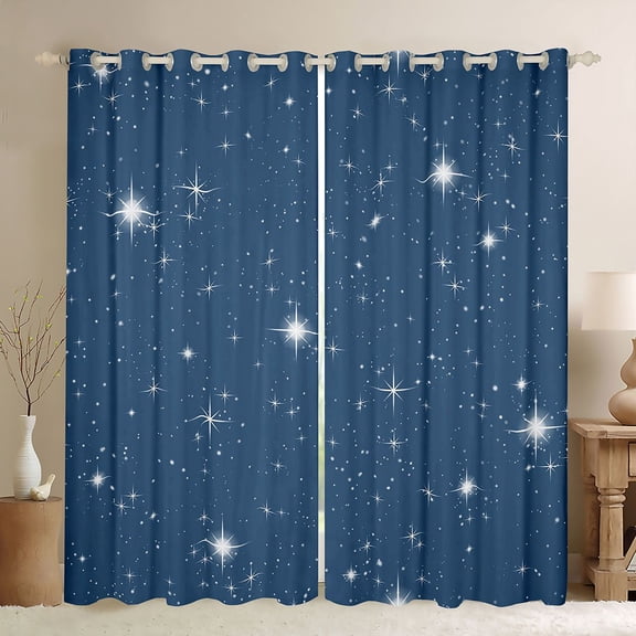Manfei Twinkling Stars Print Blackout Curtains,Galaxy Theme Window Curtains Pack of 2 (38x45 Each),Blue White