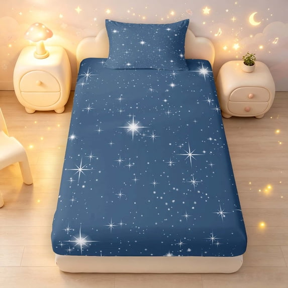 Manfei Twinkling Stars Print Fitted Sheet Full,Galaxy Theme Bed Set,Blue White,3pcs