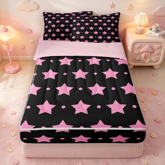 Manfei Twinkling Stars Print Polka Dot Zipper Full Size Comforter Sets with Fitted Sheet and 2 Pillowcases,Cute Cartoon Themed Zipper Bedding Set,Black Pink,Pink Reversible,4pcs