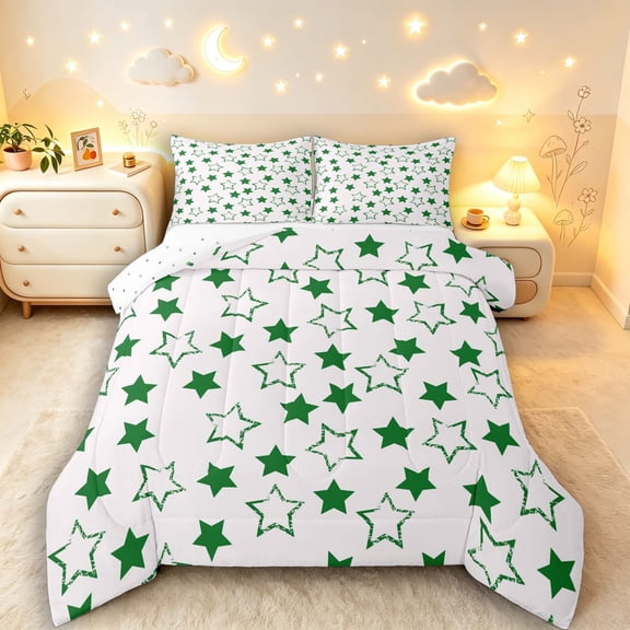 Manfei Twinkling Stars Print Queen Comforter Set,Celestial Theme Comforter Sets Queen,Green White,Reversible,3-Piece,1 Comforter and 2 Pillowcases