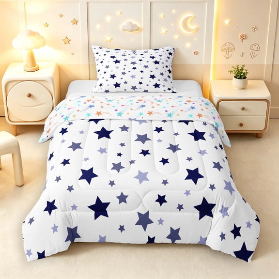Manfei Twinkling Stars Print Twin Comforter Sets,Cute Cartoon Themed Bedding Set,Purple White,Colorful Stars Reversible,2 Pieces,1 Comforter and 1 Pillowcase