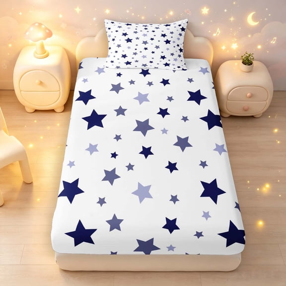 Manfei Twinkling Stars Print Twin Fitted Sheet,Cute Cartoon Themed Bedding,Purple White,2 Pieces