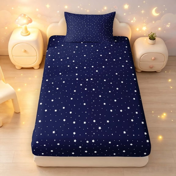 Manfei Twinkling Stars Print Twin Fitted Sheet,Kawaii Cartoon Polka Dot Bedding,Dark Blue,2 Pieces