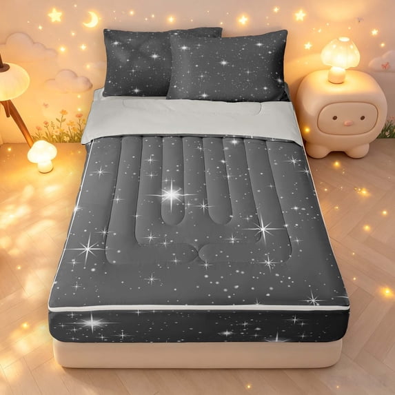 Manfei Twinkling Stars Print Zipper Queen Comforter Set with Fitted Sheet and 2 Pillowcases,Galaxy Theme Zipper Bedding Set,Gray White,Light Gray Reversible,4pcs
