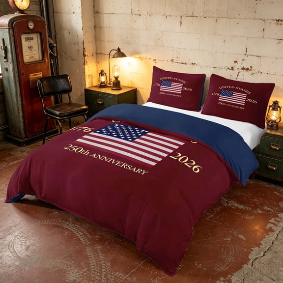 Manfei US Flag Bedding, Patriotic 1776-2026 Anniversary Duvet Cover Full, Burgundy, Navy Reversible 3 Pieces, 1 Duvet Cover and 2 Pillowcases
