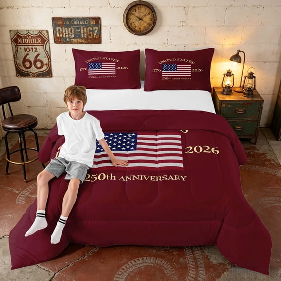Manfei US Flag Queen Comforter Set, Patriotic 1776-2026 Anniversary Comforter Sets Queen, Burgundy, Navy Reversible 3-Piece, 1 Comforter and 2 Pillowcases