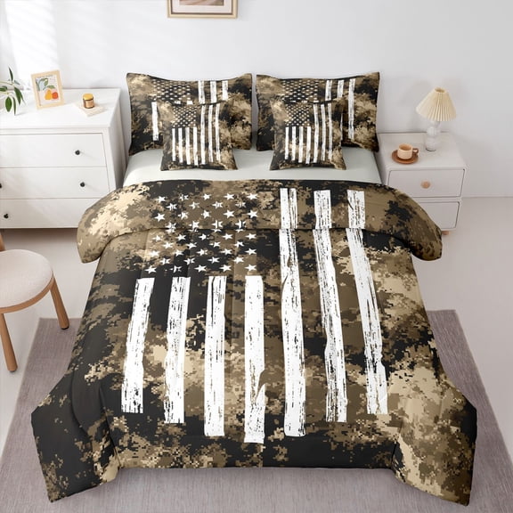 Manfei USA Flag 7-Piece Twin Bedding,Brown Pixel Camouflage Bedding Comforter Set,Light Gray Reversible