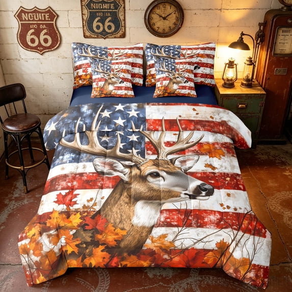 Manfei USA Flag Deer Full Size Bedding Sets, Fall Maple Full Size Bed in a Bag, Red Brown White, Navy Reversible 7 Pieces