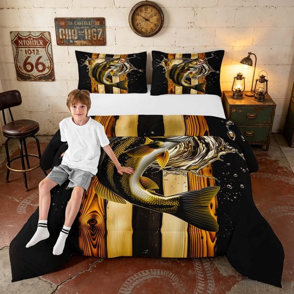 Manfei USA Flag Fish Queen Comforter Set, Rustic Farmhouse Comforter Sets Queen, Gold Black Brown, Black Reversible 3-Piece, 1 Comforter and 2 Pillowcases