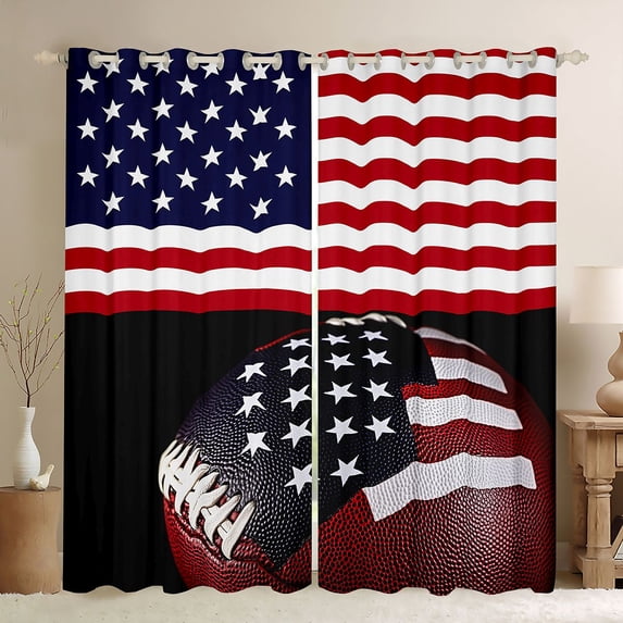 Manfei USA Flag Football Kitchen Curtains, Patriotic American Flag Black Out Curtains Pack of 2 (42x63 Each), Red White Navy