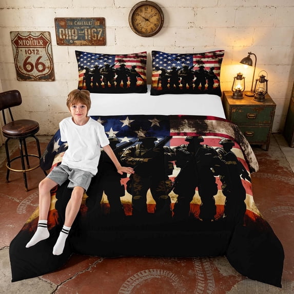 Manfei USA Flag Queen Comforter Set, Patriotic Military Soldier Comforter Sets Queen, Red White Brown, Black Reversible 3-Piece, 1 Comforter and 2 Pillowcases