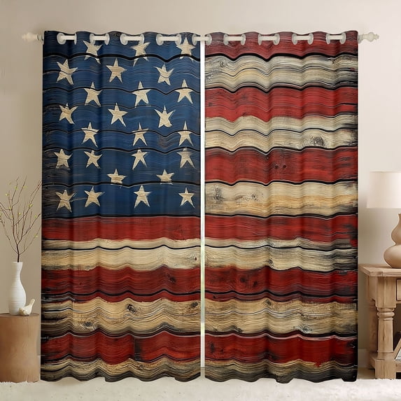 Manfei USA Flag Stars Kitchen Curtains, Rustic Farmhouse Black Out Curtains Pack of 2 (42x63 Each), Red White Blue