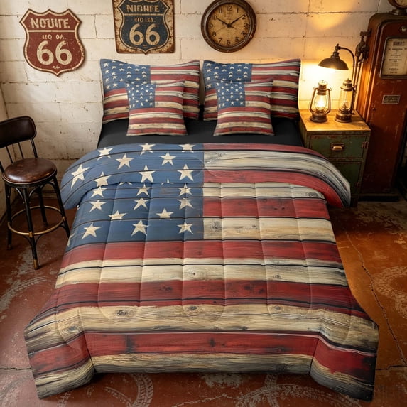Manfei USA Flag Stars Twin Bedding, Rustic Farmhouse Bedding Comforter Set, Red White Blue, Black Reversible 7pcs