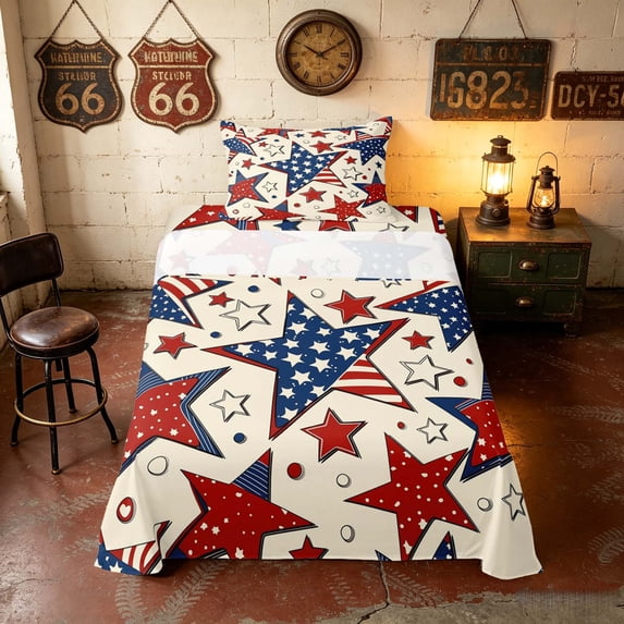Manfei USA Flag Stars Twin Sheets, Patriotic Festival Bedding, Cream, Navy Reversible 3 Pieces (1 Flat Sheet, 1 Fitted Sheet and 1 Pillowcase)