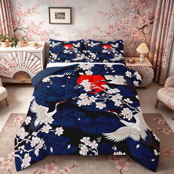 Manfei Ukiyo-e Crane Full Size Comforter Sets for Girls Women, Cherry Sun Bedding Sets, Blue Red White, Navy Reversible 3 Pieces, 1 Comforter and 2 Pillowcases