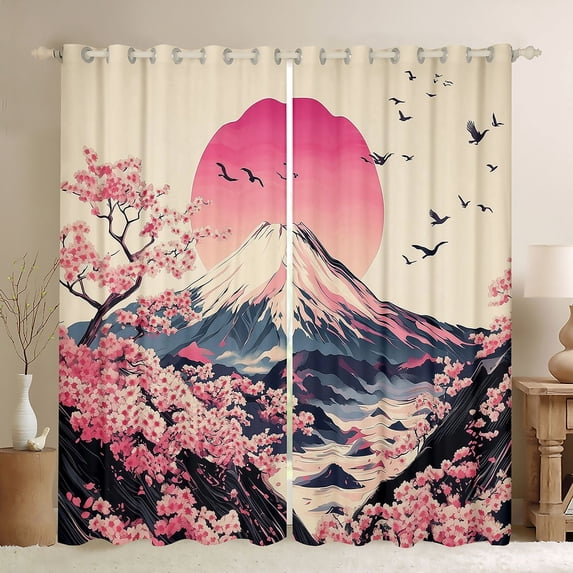 Manfei Ukiyo-e Fuji Cherry Black Out Curtains for Girls Women, Red Sun Bird Curtains Pack of 2 (42x63 Each), Pink Beige