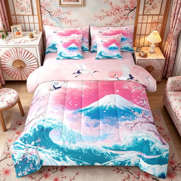 Manfei Ukiyo-e Fuji Twin Bedding Sets for Girls, Crane Wave Bedding Comforter Set, Pink Blue White, Pink Reversible 7pcs