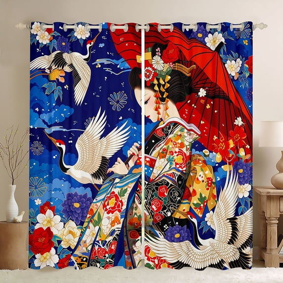 Manfei Ukiyo-e Geisha Black Out Curtains for Teens, Crane Umbrella Curtains Pack of 2 (42x63 Each), Blue Red White