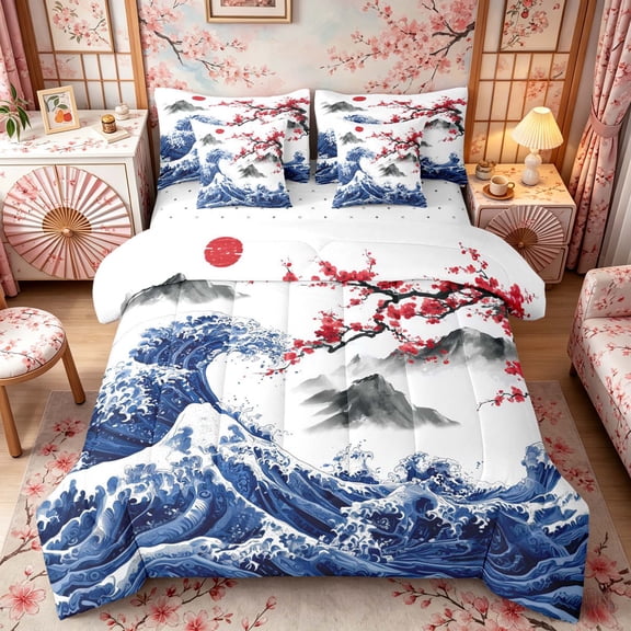 Manfei Ukiyo-e Great Wave Twin Bedding Sets for Girls Women, Plum Mountain Bedding Comforter Set, Blue Red Black, Reversible7-Piece