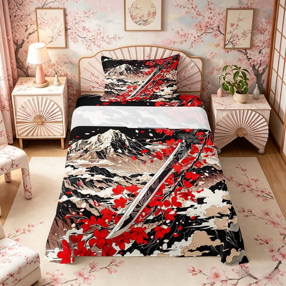 Manfei Ukiyo-e Katana Sword Twin Sheet Sets for Home, Fuji Cherry Bedding for Office, Black Red Beige 3 Pieces, 1 Flat Sheet, 1 Fitted Sheet and 1 Pillowcase