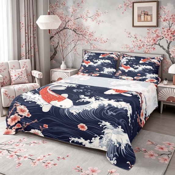 Manfei Ukiyo-e Koi Wave Queen Sheet Sets for Home, Plum Branch Bed Set for Office, Navy White 4 Pieces, 1 Flat Sheet, 1 Fitted Sheet and 2 Pillowcases