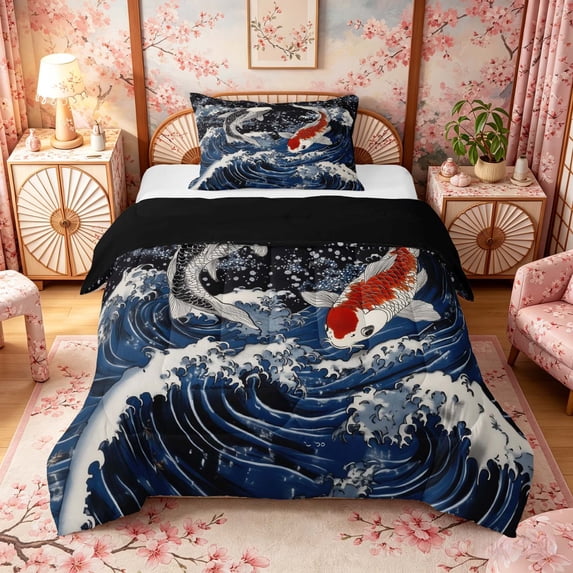 Manfei Ukiyo-e Koi Wave Twin Comforter Sets for Teens, Sparkle Sky Bedding Set, Black Blue, Black Reversible 2 Pieces, 1 Comforter and 1 Pillowcase