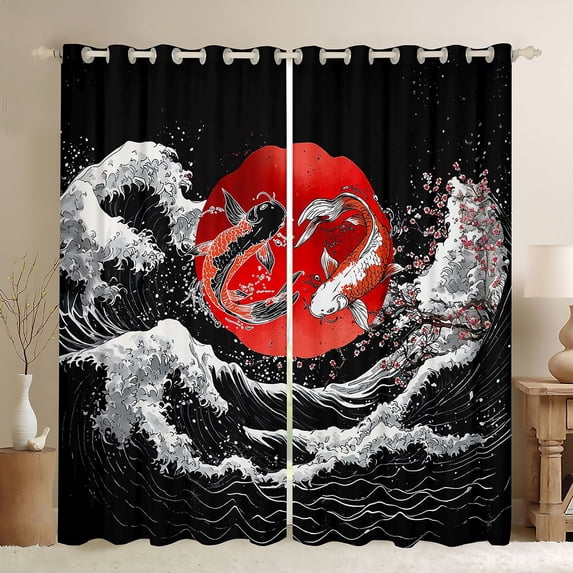 Manfei Ukiyo-e Koi Yin-Yang Black Out Curtains for Teens, Wave Sun Curtains Pack of 2 (42x63 Each), Black Red White