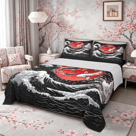 Manfei Ukiyo-e Koi Yin-Yang Full Size Sheets for Teens, Wave Sun Bed Sheets, Black Red White 4pcs, 1 Flat Sheet, 1 Fitted Sheet and 2 Pillowcases