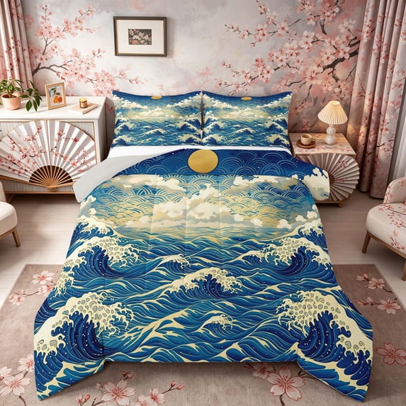 Manfei Ukiyo-e Ocean Wave Full Size Comforter Sets for Girls Women, Sea Cloud Bedding Sets, Blue Gold White, Gray Reversible 3pcs, 1 Comforter and 2 Pillowcases