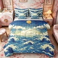 thumbnail image 1 of Manfei Ukiyo-e Ocean Wave Twin Bedding Sets for Girls Women, Sea Cloud Bedding Comforter Set, Blue Gold White, Gray Reversible 7pcs, 1 of 6