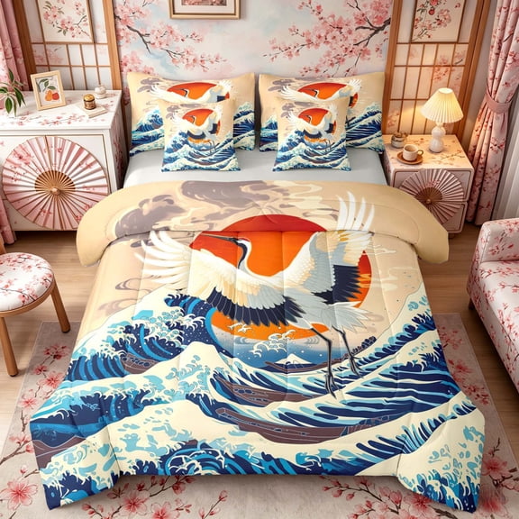 Manfei Ukiyo-e Red-crowned Crane Twin Bedding Sets for Girls, Great Wave Bedding Comforter Set, Blue Orange Beige, Gray Reversible 7pcs