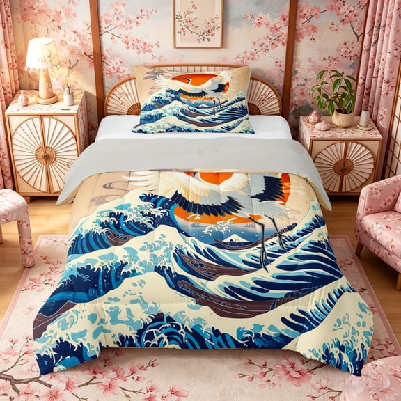 Manfei Ukiyo-e Red-crowned Crane Twin Comforter Sets for Girls, Great Wave Bedding Set, Blue Orange Beige, Gray Reversible 2pcs, 1 Comforter and 1 Pillowcase