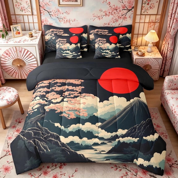 Manfei Ukiyo-e Sakura Fuji Bedding Comforter Set for Teens, Red Sun Mountain Queen Bedding Sets, Black Beige Red, Black Reversible7 Pieces