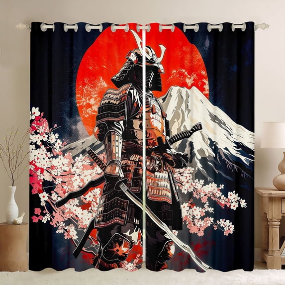 Manfei Ukiyo-e Samurai Armor Black Out Curtains for Boys Men, Fuji Sakura Curtains Pack of 2 (42x63 Each), Black Red White