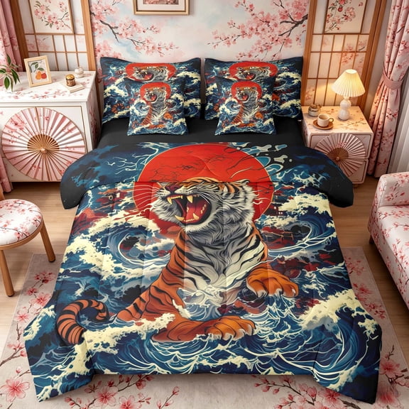 Manfei Ukiyo-e Tiger Wave Twin Bedding Sets for Teens, Red Sun Bedding Comforter Set, Blue Orange Red, Black Reversible7 Pieces