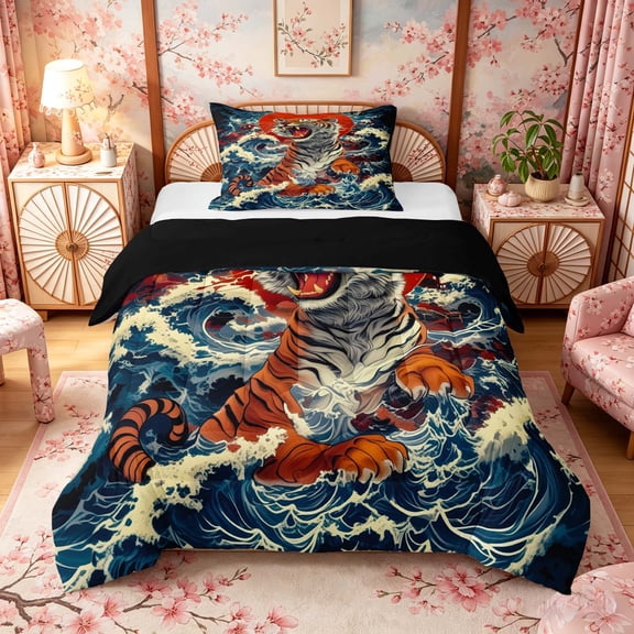 Manfei Ukiyo-e Tiger Wave Twin Comforter Sets for Teens, Red Sun Bedding Set, Blue Orange Red, Black Reversible 2 Pieces, 1 Comforter and 1 Pillowcase